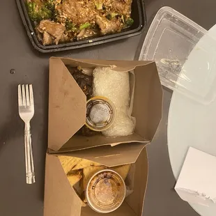 Pad See Ewe, Sticky Rice and Beef, and Fried Tofu