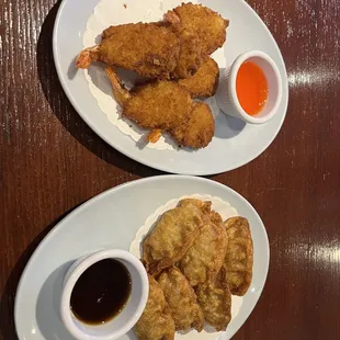 Butterfly shrimp and pork gyoza