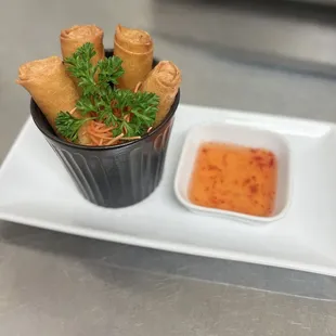 Egg Roll... Glass noodles, shredded carrots, micro diced onions, cabbage...