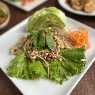 Laab Chicken... Ground chicken breast, fresh lime juice, julienned red onion, lotus rice, fresh mint...