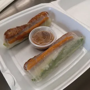 Chick'n, Lettuce, Vermicelli, Cucumber, Granny Smith Apples, Crunchie, &amp; Basil , Rolled in Rice Paper, with Peanut Dipping Sauce