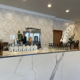 Bar and restroom in the background