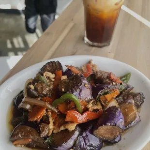 Spicy Eggplant Basil with Thai Ice Tea