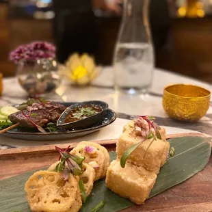 Fried Lotus Tofu, Ribeye Skewer