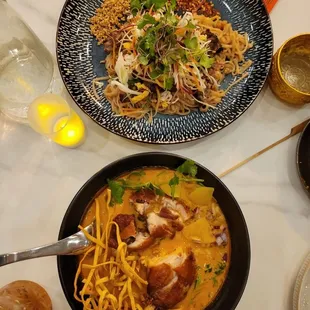 top: ribeye pad thai bottom: khao soi chicken