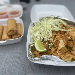 Pad Thai and egg rolls