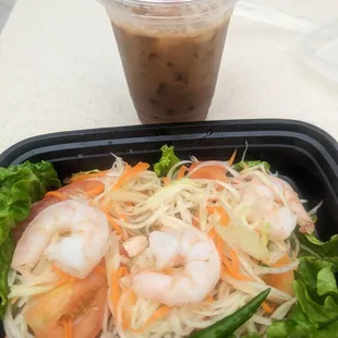 My shrimp salad and Thai iced coffee with boba for lunch