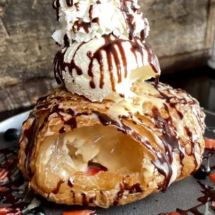 a dessert with ice cream and fruit