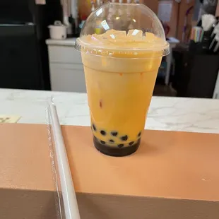 Thai tea with boba ( tapioca pearls)