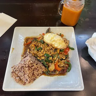 Pad Kra Prow* (GF) with the fried egg (Kaidow) and THAI TEA/ THAI COFFEE
