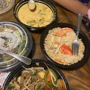 Fried rice, noodles and curry