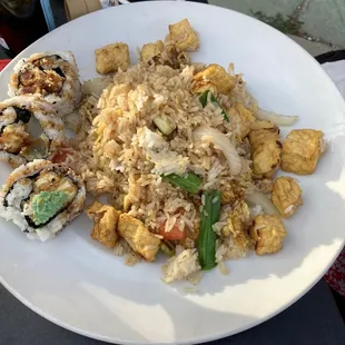Tofu fried rice and sushi