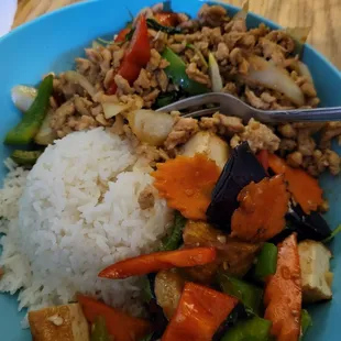 Eggplant tofu and Thai basil chicken