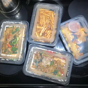 Drunken noodles, fries, crispy wontons