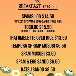 a breakfast menu with prices of eggs, rice, fried rice, and tempura shrimp