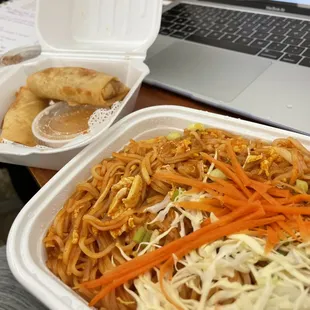 chicken pad thai and spring rolls