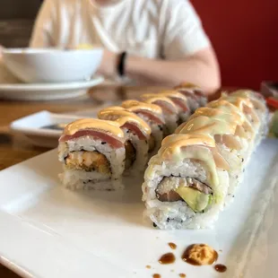 MAGURO TARTAR (Spicy scallops, tempura flakes, seared tuna, spicy mayo) &amp; LOVER&apos;S ROLL (Salmon, eel, yellow tail, wasabi sauce, spicy mayo)