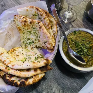 Garlic Naan and Saag and Makki Di Roti