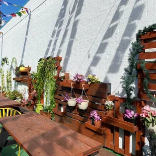 a wooden table and benches