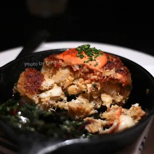 Inside of Cast Iron Crab Cake ($36) - East Coast blue crab deluxe, local Swiss chard, roasted sweet potato, eastern shore cocktail sauce