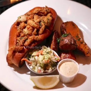 Rhode Island Whole Belly Fried Clam Roll ($28) - house made pickle tarter sauce, buttered split-top bun, coleslaw