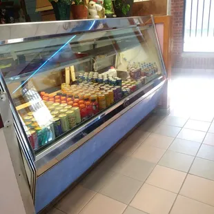 a display case of food