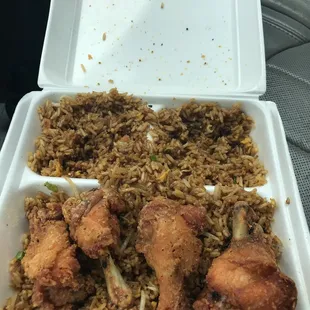 chicken and rice in a styrofoam container