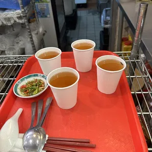 a tray of food and drinks