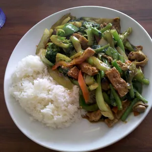 12&quot; plate of Fried Tofu with mixed veggies in brown sauce.  To change white rice for fried would have been an extra $1.