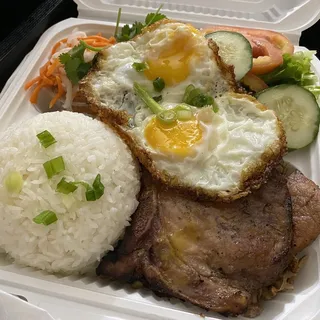 Grilled Pork Chops Egg Cake & Shredded Pork Over Rice