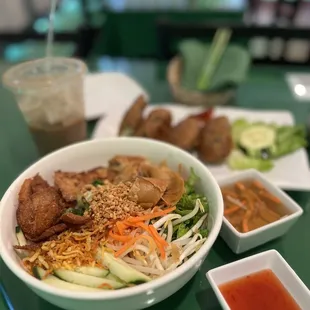 Fried eggplant, vegan cafe sua da and a fantastic noodle dish recommended to me. Vegan, gluten free, and so tasty. Yummy yum yum.