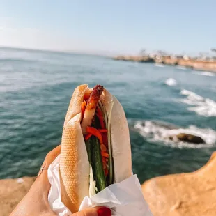 a person holding a hot dog in front of the ocean