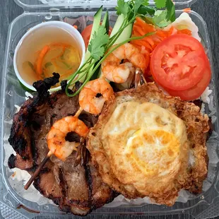 Royal Plate (Com Hoang Gia) - rice with charbroiled pork chop, chicken, egg, prawns skewer and vegetables