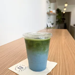 Pandan milk with oat milk and a shot of matcha