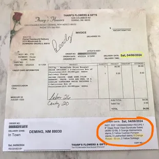 Tharp's order with clear directions for what should have been included in the bouquet.