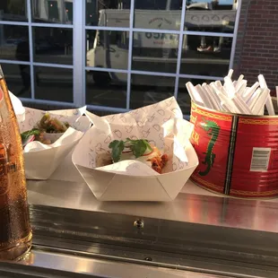 a bottle of soda and some food