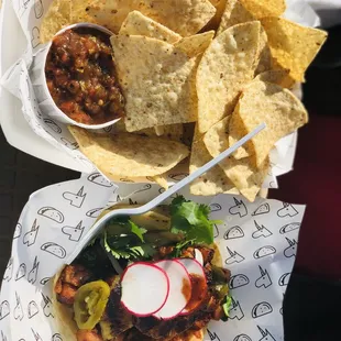 Sweet potato pastor taco and chips &amp; salsa  On the taco sweet potatoes, cilantro,pineapple,jalapeños,radish, onions