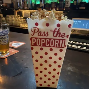 Free fresh hot popcorn w Bay season salt