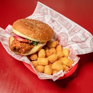 Fried Chicken burger with tater tots