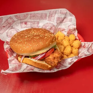 Fried Chicken Burger with Tater Tots