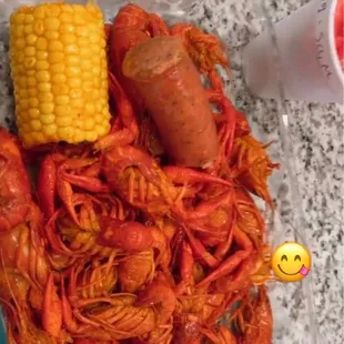 Crawfish, sausage and corn