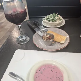 Berry soup (cold and refreshing for these hot summer days) and the best sangria!