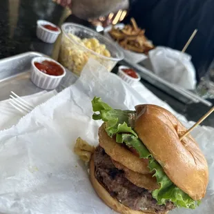 Crunch burger with turkey meat, Mac and cheese, French fries