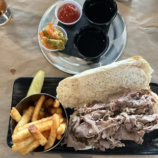 Italian beef with jardinaire, au jus, and fries