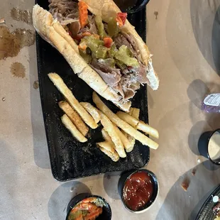 Italian beef with fries and mild Jardiniere.