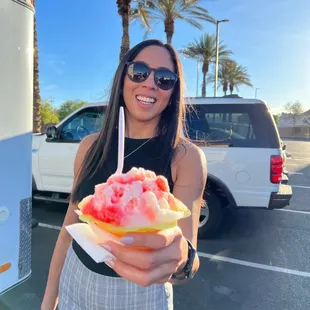 White chocolate strawberry with snow cap and ice cream