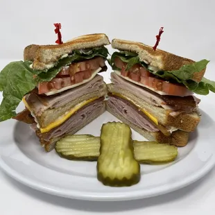 a cut in half sandwich with pickles
