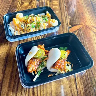 Top to Bottom: Bang Bang Shrimp Korean Chicken Baos