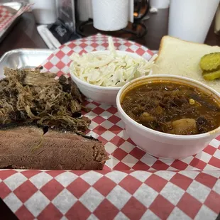 2 meat plate with pork, brisket, slaw and burgoo.
