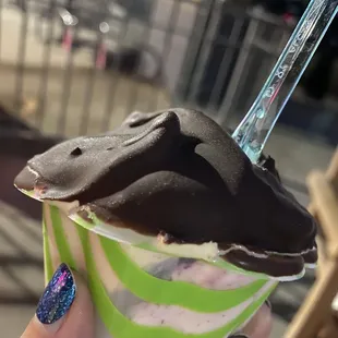 Pistachio and cherry with chocolate dip topping.